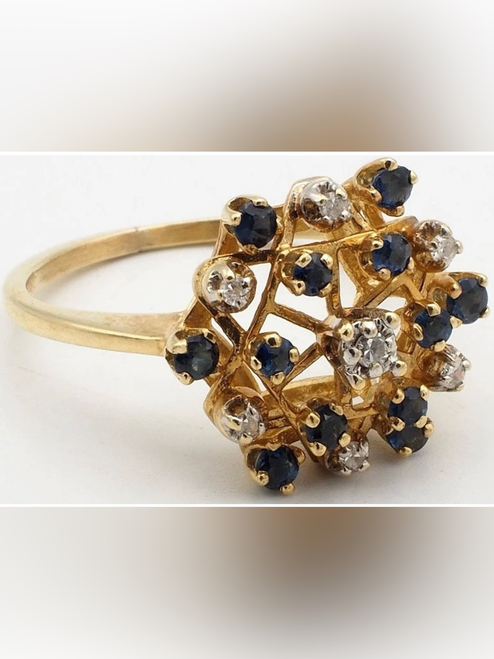 Vintage 14 karat Gold Cocktail Ring Size 7.25 7 Diamonds 12 Sapphires